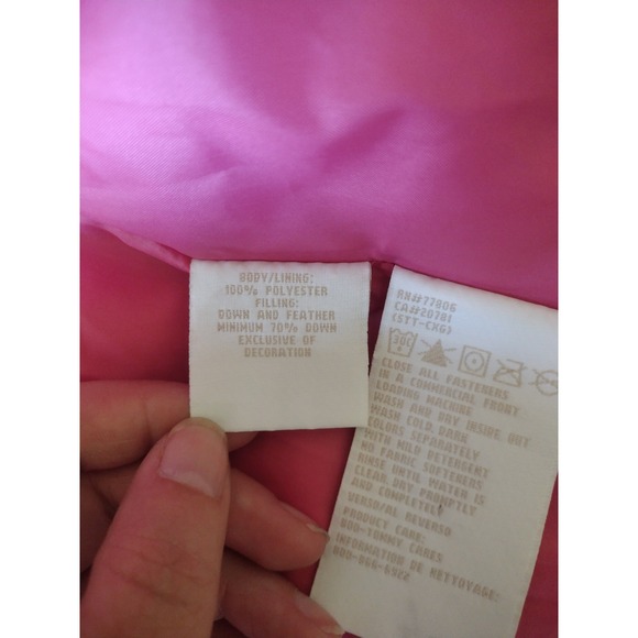 Vintage Tommy Hilfiger Puffer Jacket Down Feather Hooded Pink White S - Picture 7 of 8